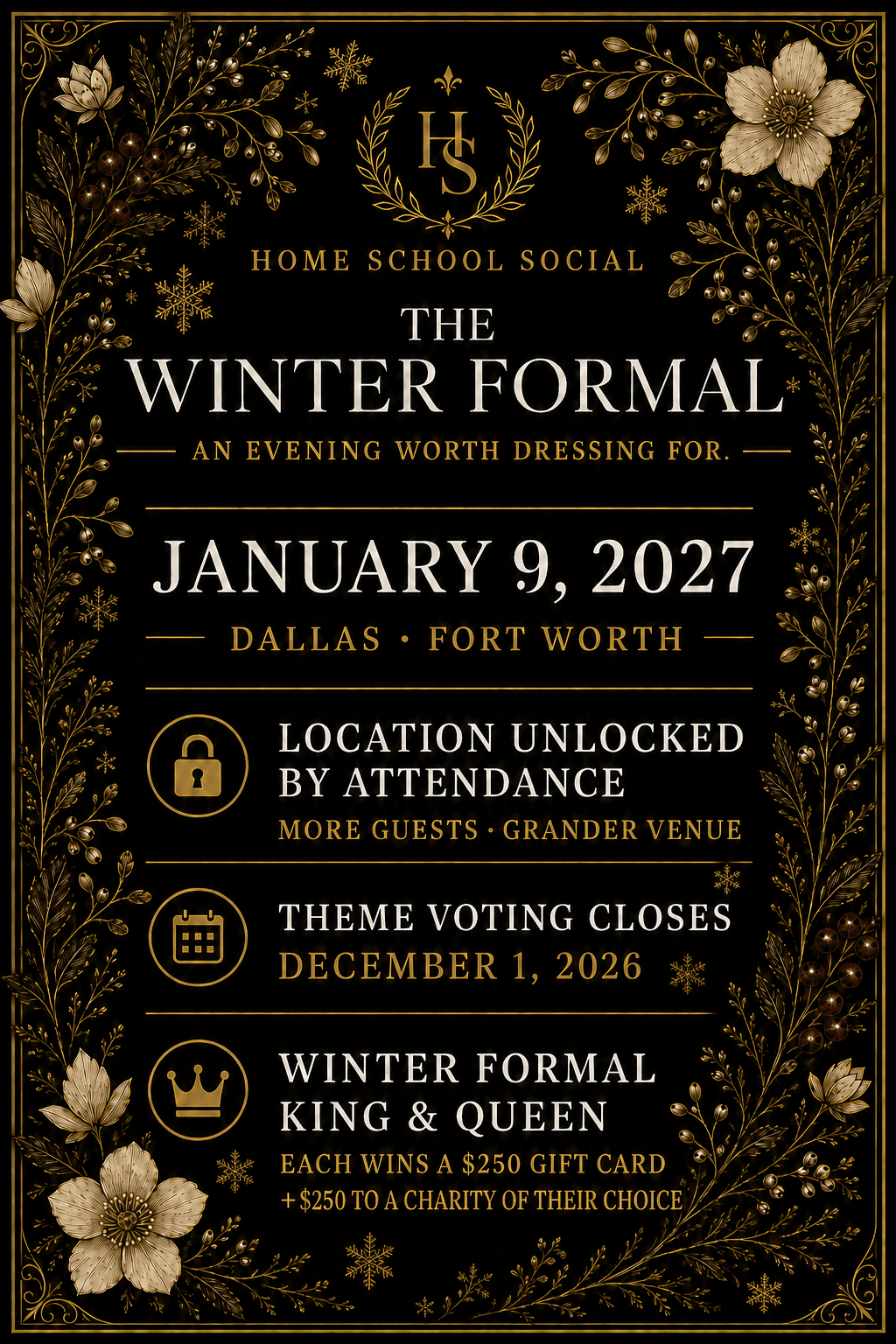 Black and gold Winter in the City formal theme concept